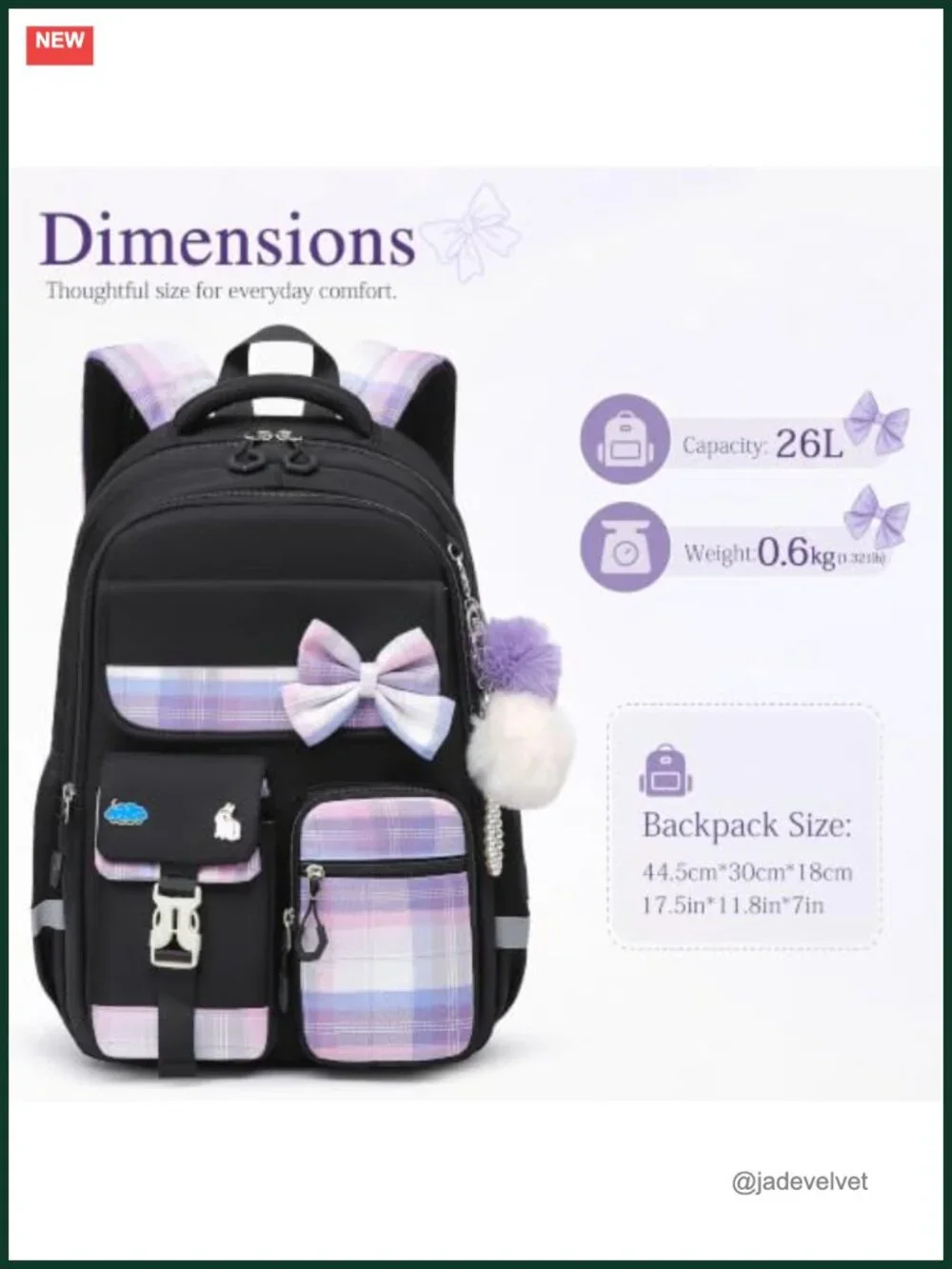 Preppy Plaid Bow Backpack with Pom Charms Lightweight School Bag